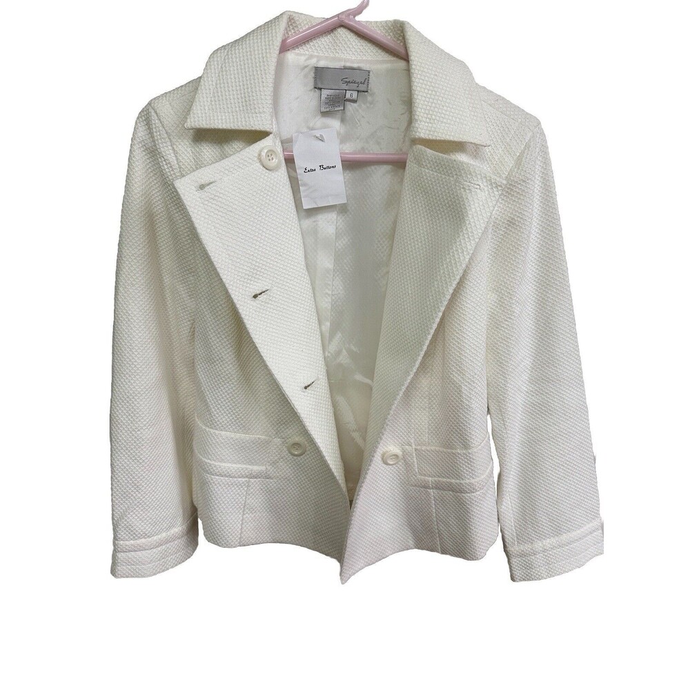 Spiegel Women's White Waffle Weave Lined Double Breasted Blazer Jacket New Sz 8 - Picture 2 of 7